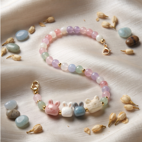 Pastel Bunny and Cat Beaded Bracelet